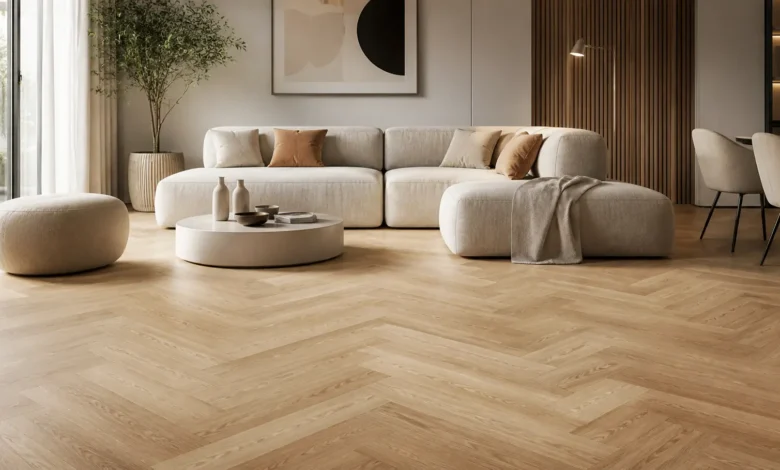 أرضية Parquet PVC autocollant بتصميم خشبي فاخر في غرفة معيشة عصرية