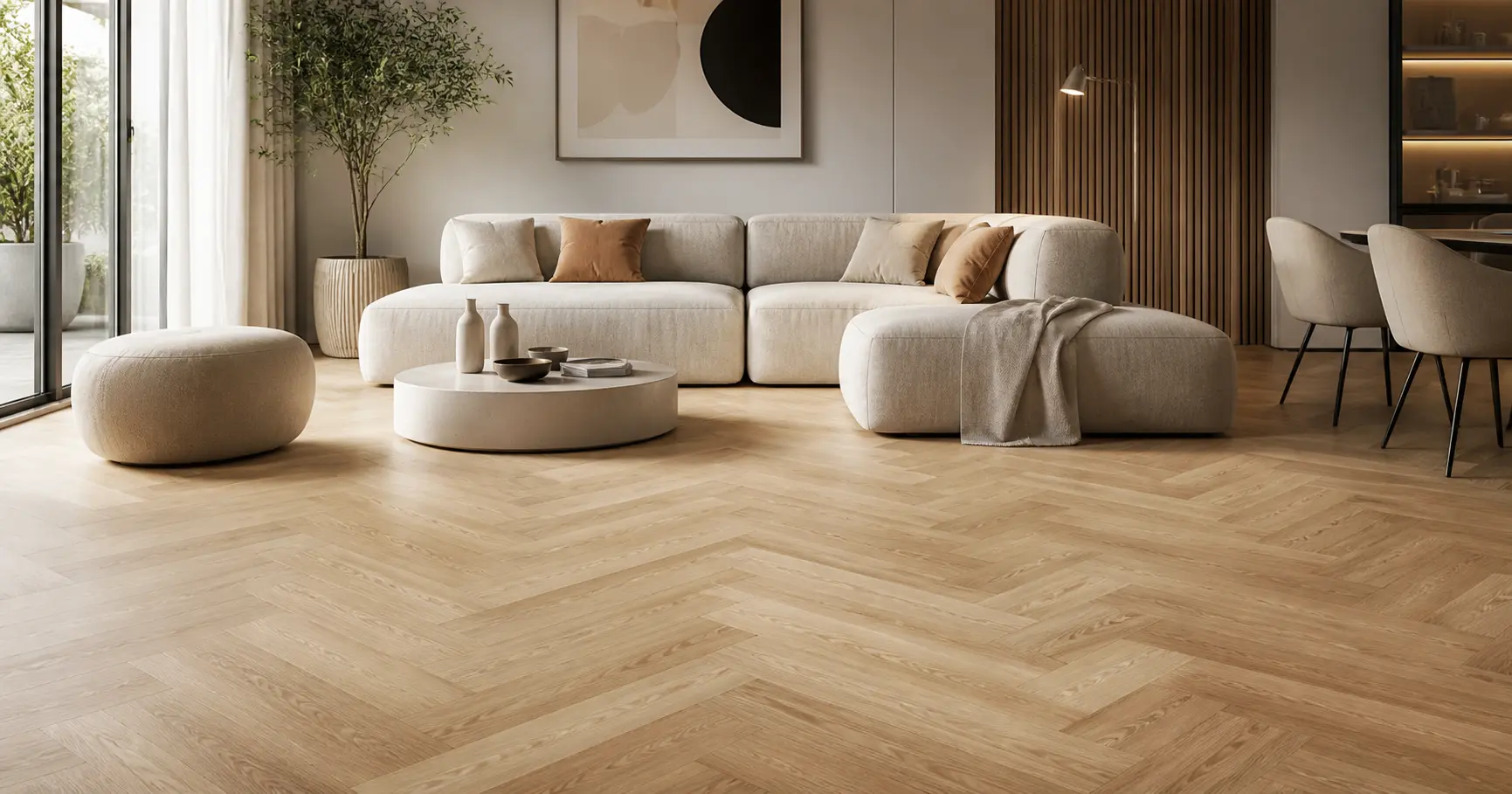 أرضية Parquet PVC autocollant بتصميم خشبي فاخر في غرفة معيشة عصرية
