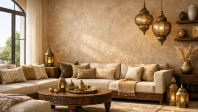 صالون مغربي عصري فاخر بجدار مطلي بصباغة سيلفيا الرملية (Sablé) باللون البيج، مع أثاث أنيق وإضاءة طبيعية دافئة وديكورات مغربية راقية تبرز جمال التشطيبات الداخلية الحديثة في المنازل المغربية.