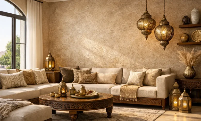 صالون مغربي عصري فاخر بجدار مطلي بصباغة سيلفيا الرملية (Sablé) باللون البيج، مع أثاث أنيق وإضاءة طبيعية دافئة وديكورات مغربية راقية تبرز جمال التشطيبات الداخلية الحديثة في المنازل المغربية.